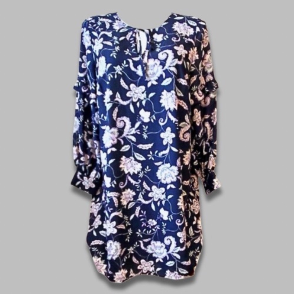 Eloquii Shift Dress Long Sleeve Tie-Neck Keyhole Ruffled Floral Navy Blue W 22